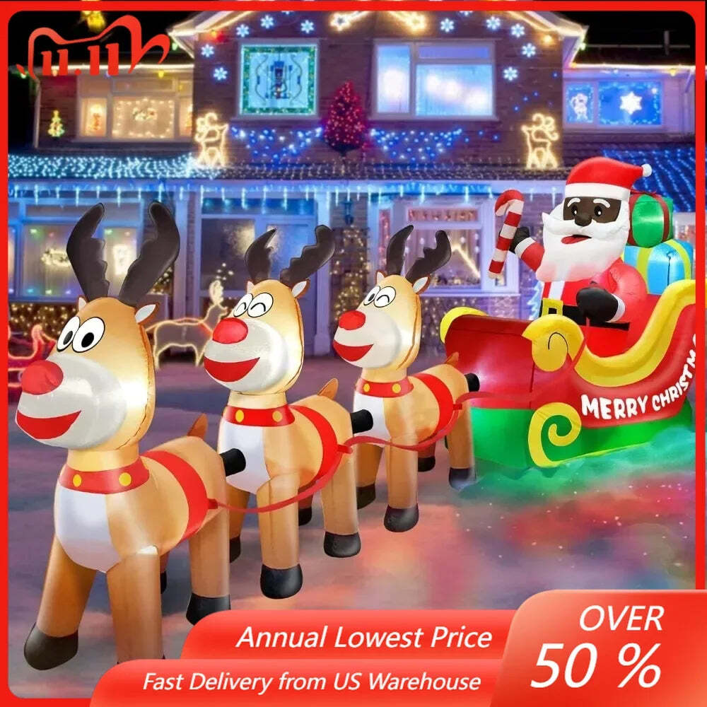 12 Ft Long Christmas Inflatables Outdoor Decorations Black Santa Claus on