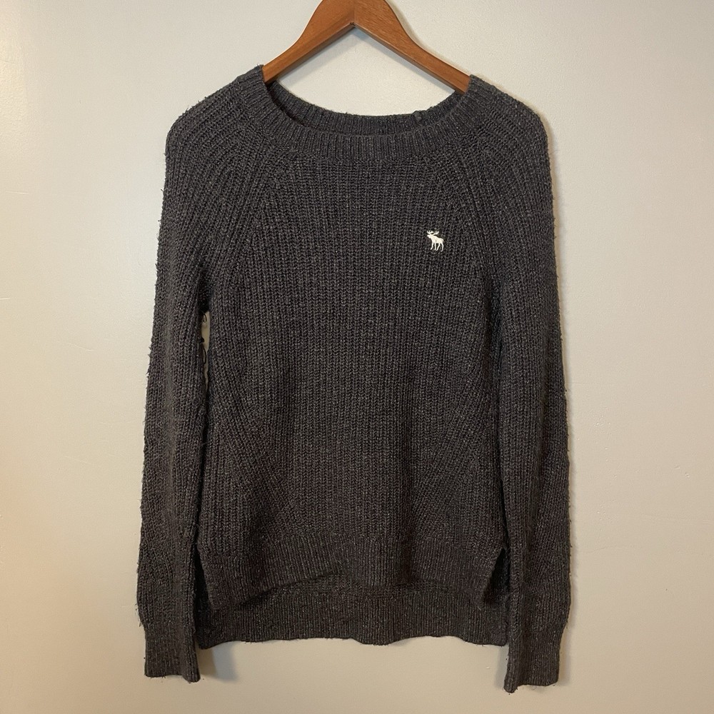 Abercrombie & Fitch Pullover Sweater Womens M Gray Knit Cotton Moose Logo-image