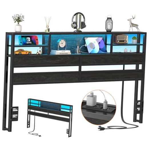 King Size LED Headboard with Storage & USB Ports