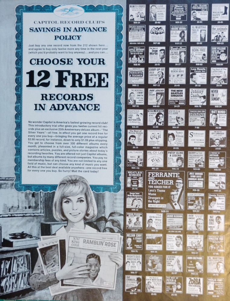 12 Free Records with Purchase - Ad for Capitol Recording Club 1960s Vintage 2-Page Ad-image