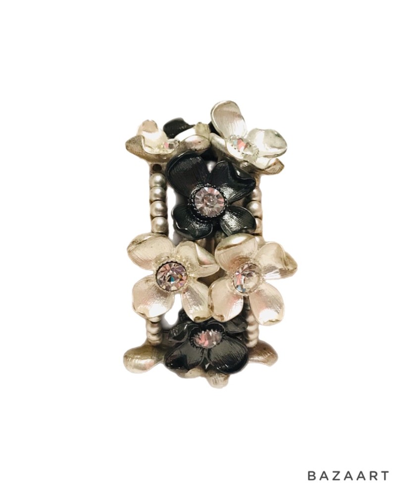 Flower Clear Crystal Stretch Bracelet Silver tone Gunmetal Grey Fashion Costume