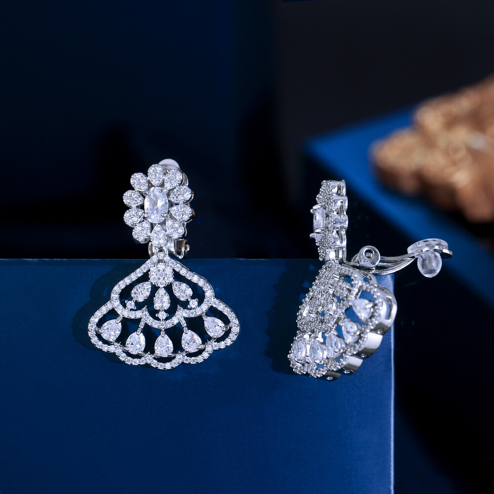 Silver Plated CZ Fan Drop Clip-On Earrings No Piercing Required