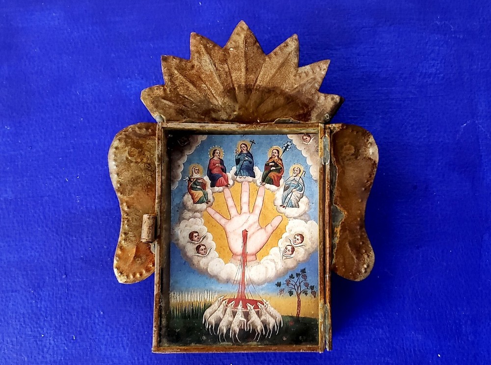 mexican nicho mano poderosa folk art wall hanign sacred art colonial art shrine