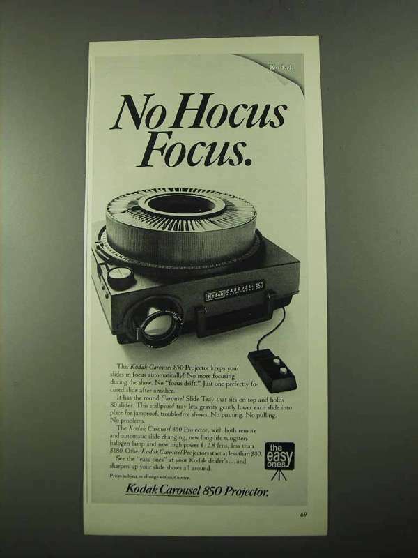 1969 Kodak Carousel 850 Projector Ad with No Hocus Focus Feature