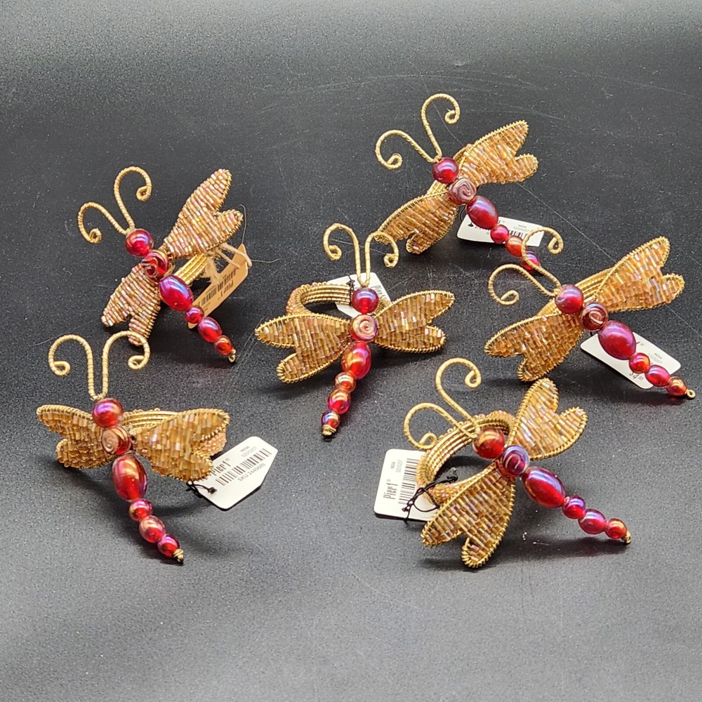 Pier 1 (Set of 6) Beaded Red DragonFly Napkin Ring Holders Gold W/Original Tags