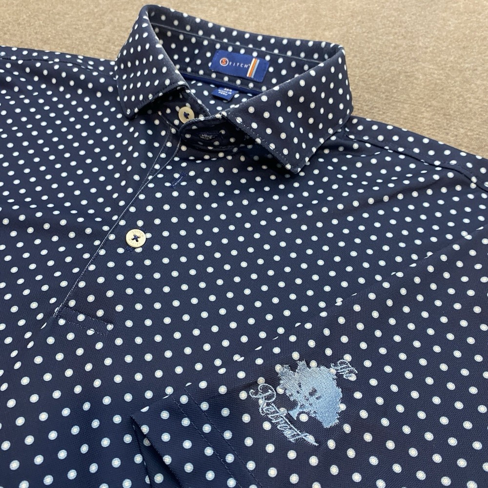 Stitch Golf Polo Mens Size M/L Blue Polka Dots Performance The Retreat Club Logo