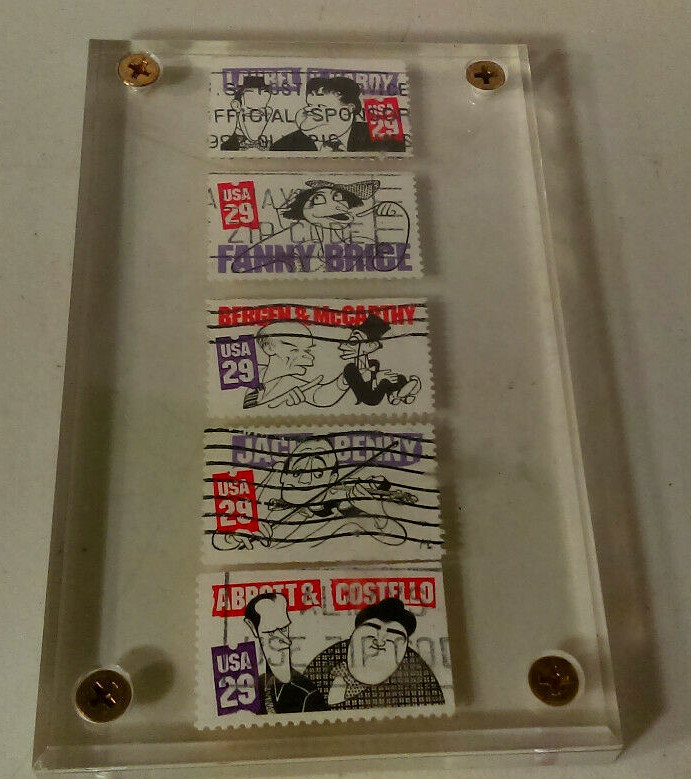 Vintage ABBOTT & COSTELLO Postage Stamps in RESIN ACRYLIC MOLD Paperweight DESK-image