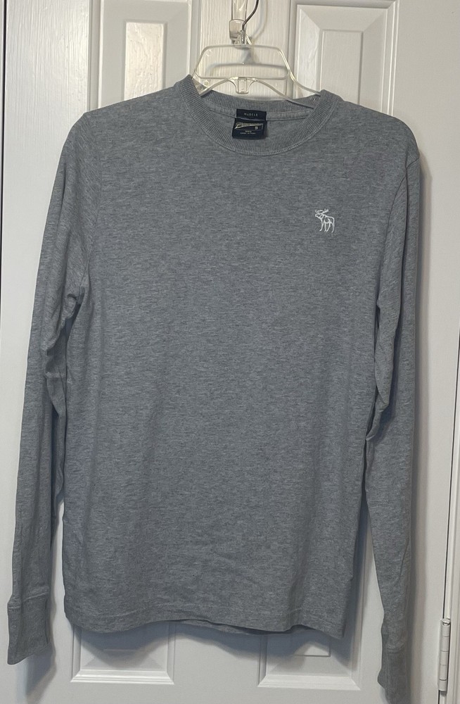 Abercrombie & Fitch Men’s Muscle Fit Long Sleeve Gray Moose Logo Shirt Small-image