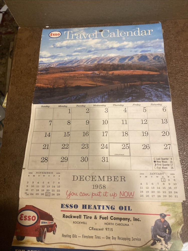 1959 Esso Travel Calendar Vintage Gas Station Advertising Spiral Bound