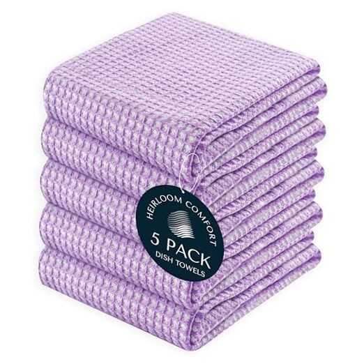 Dual Tone Waffle Weave Kitchen Towels, 16x26 Inch, 100% Cotton, Lavender 5 Pack