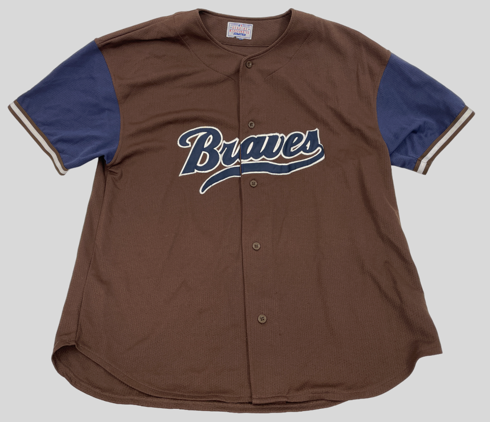 Vintage 90's Atlanta Braves Starter Brown Blue Sewn Baseball Jersey Men's XL