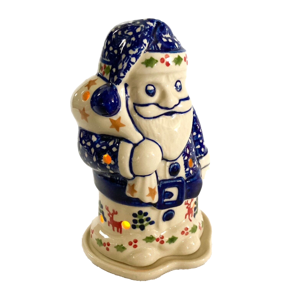 Santa Luminary Polish Pottery Tea Light Candle Holder with prancing reindeer