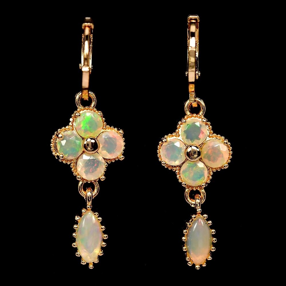 NATURAL AAA REAINBOW OPAL MARQUISE & ROUND STERLING 925 SILVER DANGLE EARRING