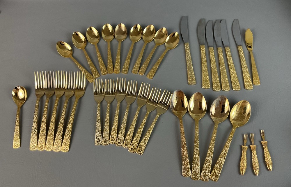 36-Piece Cellini Romanesque Gold Flatware Set with Rose Handles, Japan 1968 Vintage