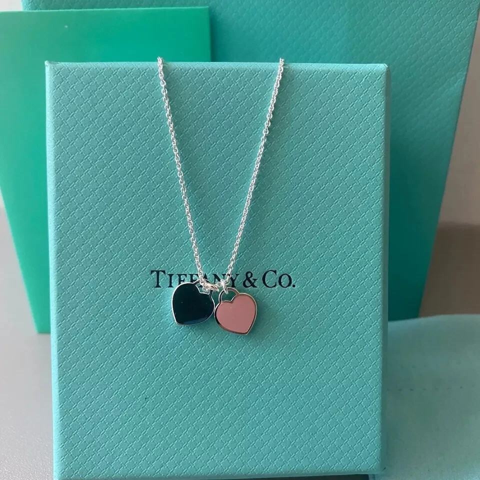 TIFFANY & CO Pink Enamel Returns Tiffany Mini Double Heart Necklace 925 Silver