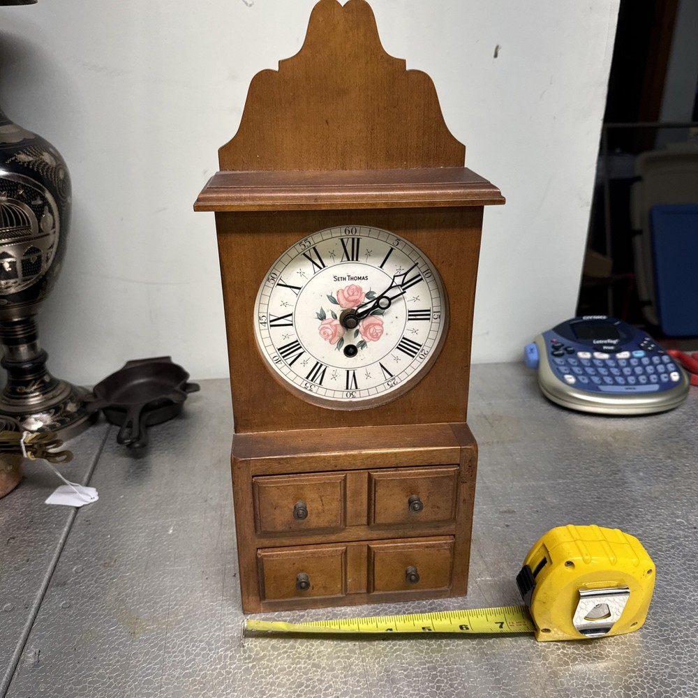 Seth Thomas Spice Chest Rose Wooden Clock With Key And Tag