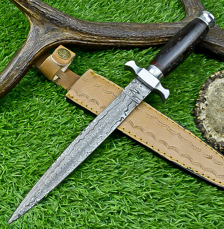 Damascus Double Edge Dagger Knife Natural Wood, Damascus Bolster W/SHEATH UN-240