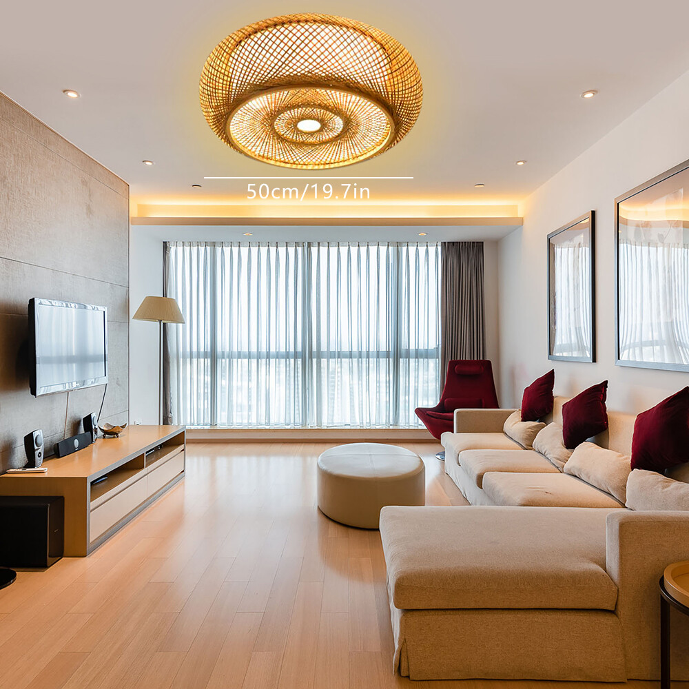 Bamboo Wicker Rattan Ceiling Light 3-Light Flush Mount Lamp Chandelier Asia Art