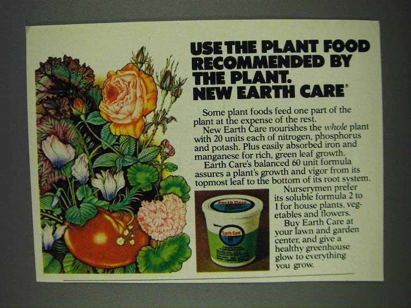 1978 Earth Care Plant Food Ad for Optimal Plant Growth Recommended