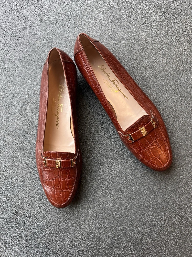 Salvatore Ferragamo Vintage Brown Croc Leather Loafers 9.5 M Italy Gancini Rare