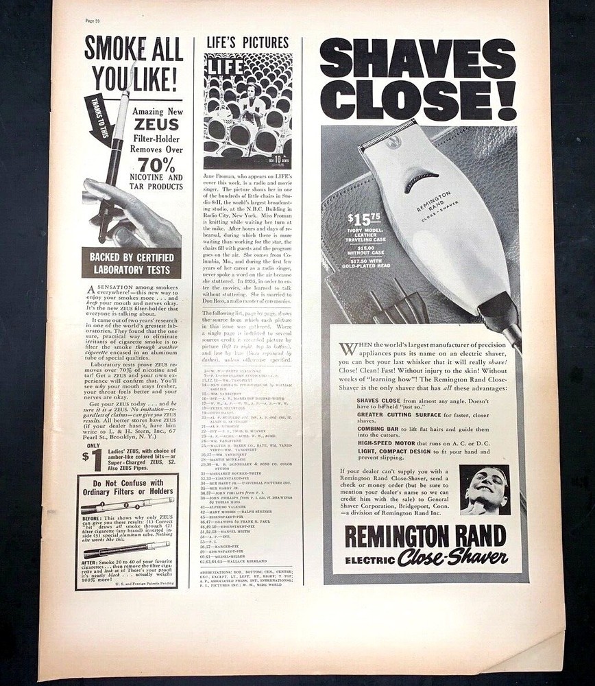 Life Magazine Ad REMINGTON RAND ELCTRIC CLOSE-SHAVER 1938 Ad