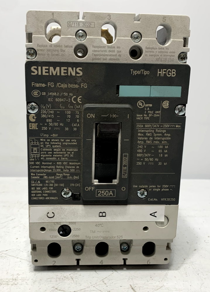 Siemens HFK3B250 Circuit Breaker 250A 3P FG Frame Type HFGB