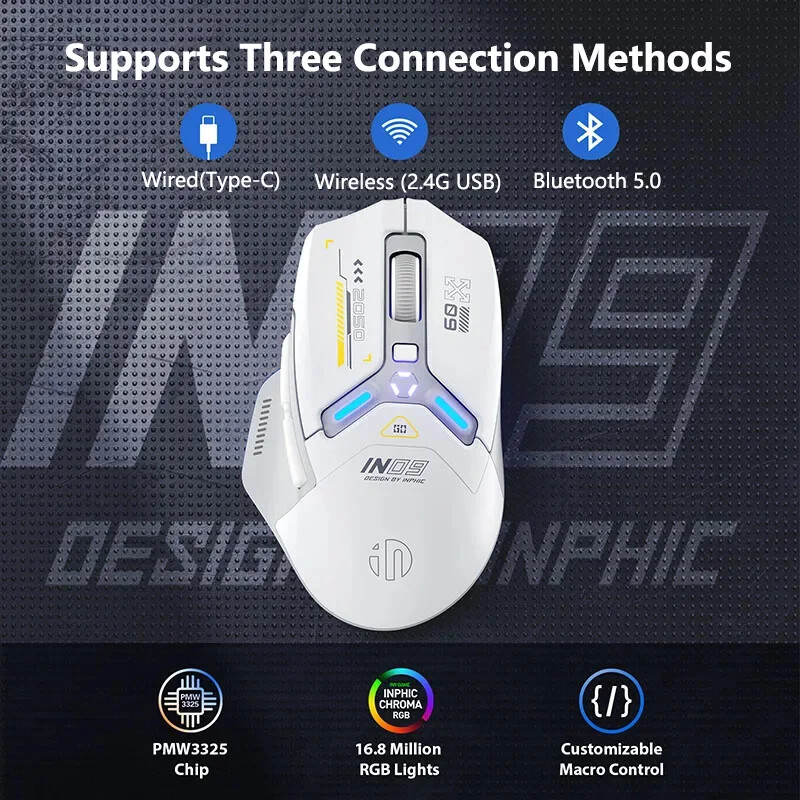 Rechargeable Wireless Gaming Mouse with Ergonomic Design, Bluetooth Connectivity, and Customizable RGB Lighting Effects
