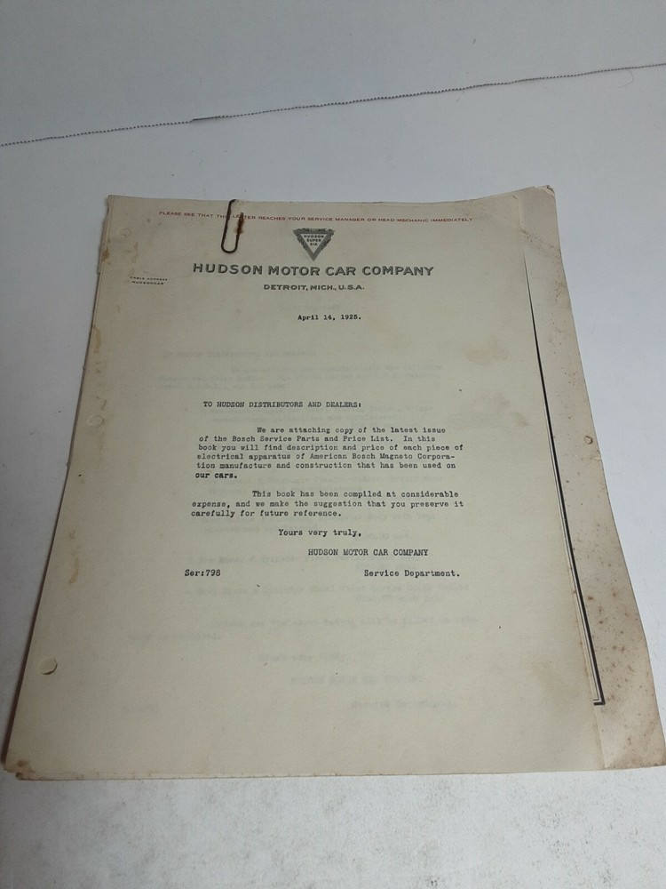 Hudson Motor Car Company 1925 Bosch Service And Parts List Essex