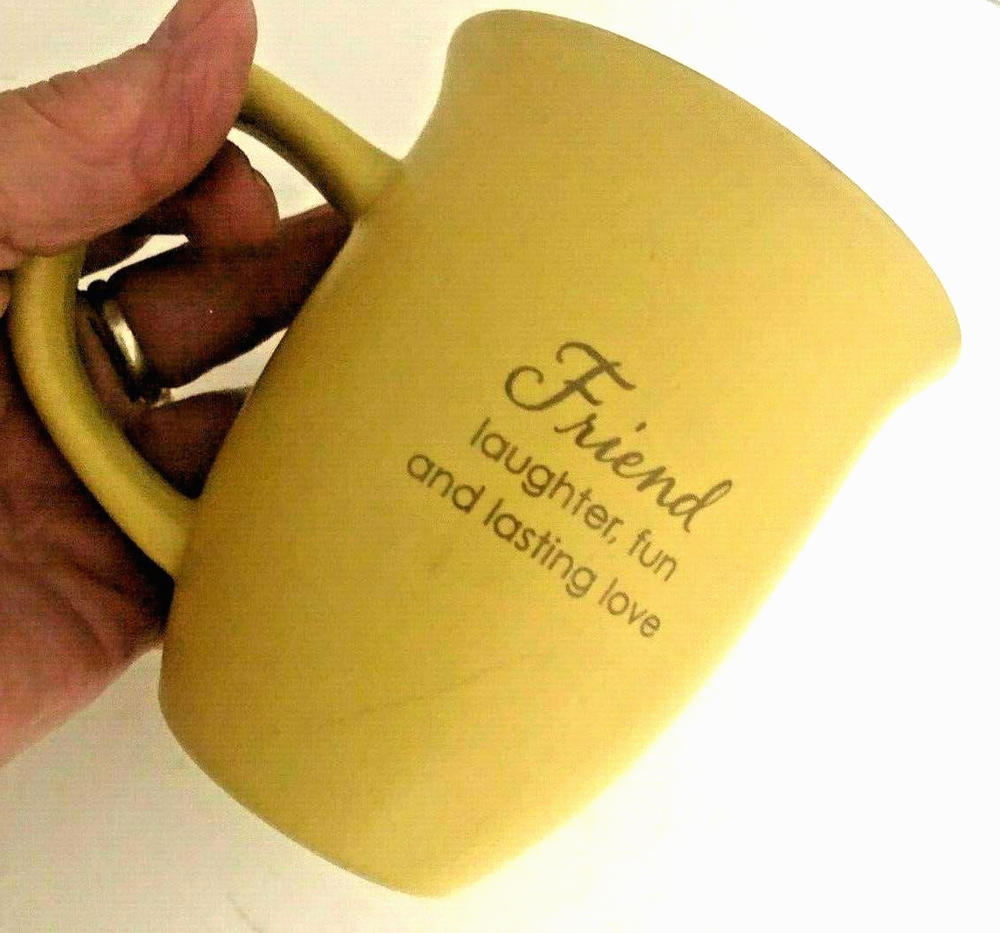 Vtg NOS Abbey Press FRIEND Love MUG Matte  Gray Yellow PROVERB 17 Yel Scripture-image
