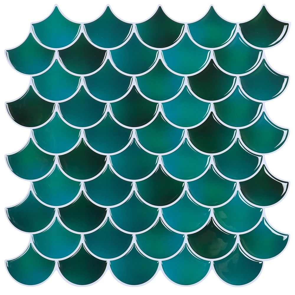 12''x12'' Green Self Adhesive Fish Scale Wall Tiles Stick on Backsplash For K...