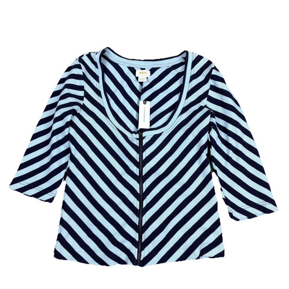Maeve Anthropologie Women Blue Top Scoop Neck Zip Chevron Stripe Nautical M NWT