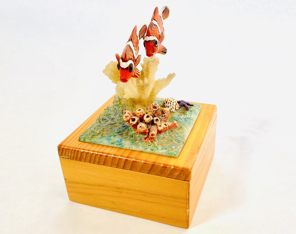 Clown Fish Wood Coral Reef Jewelry Trinket Box Hand Painted Clown Fish Tropical