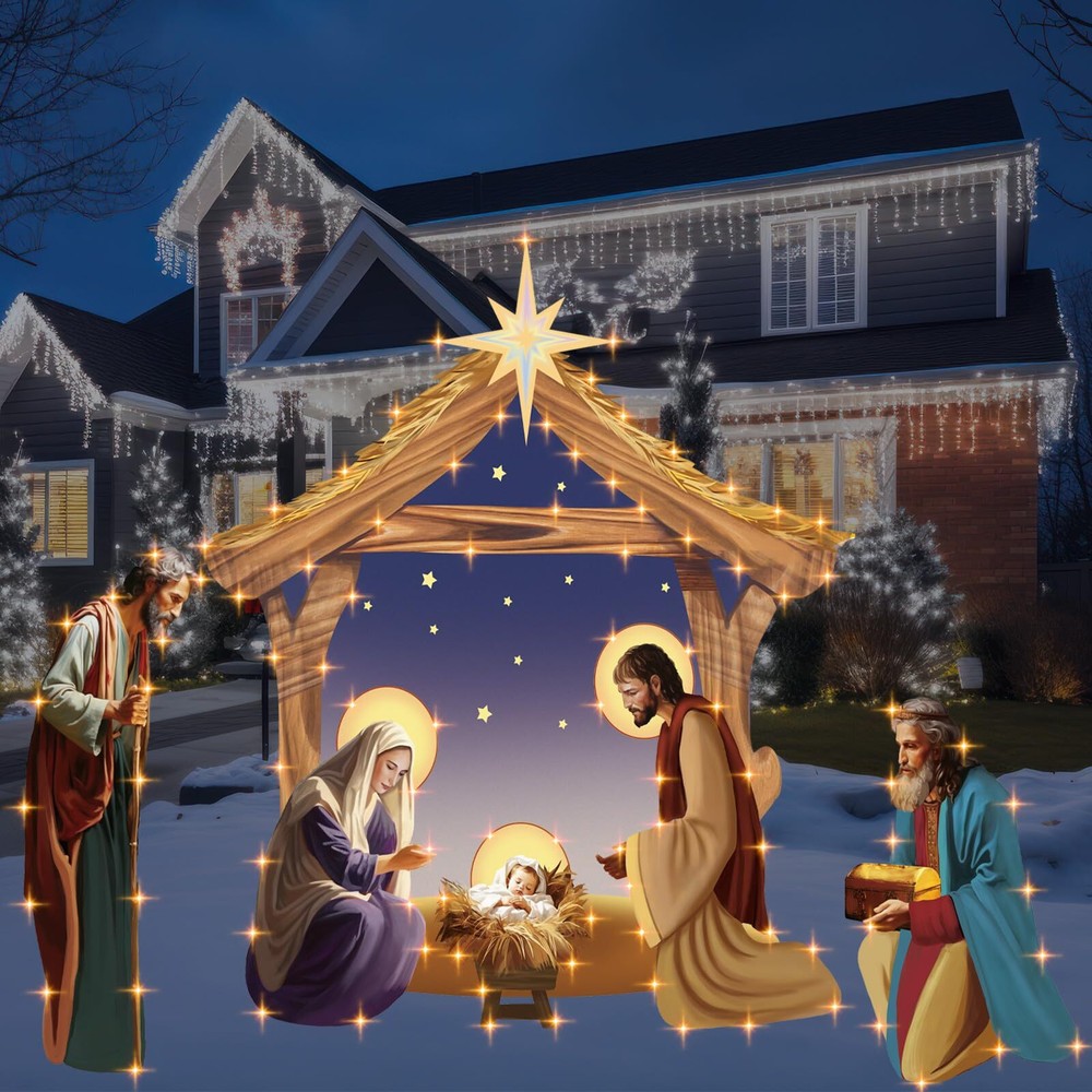 4 FT Christmas Outdoor Lighted Nativity Scene Set for Outdoor Decoration Pre ...