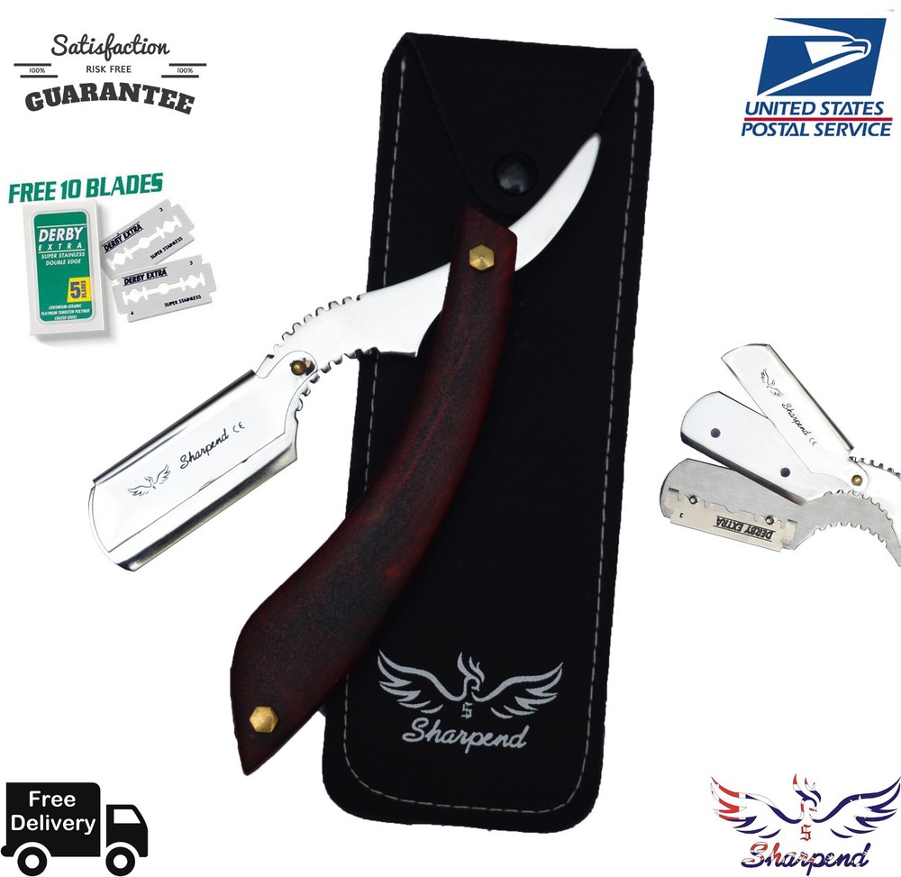 Professional Straight Edge Barber Hair Shaving Razor Folding Knife + 10 Blades