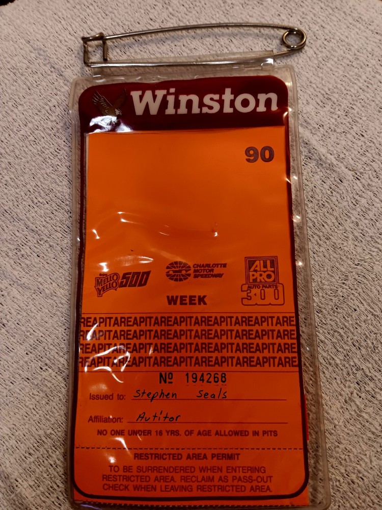 Bill Elliott & Crew Autographed NASCAR Pit Pass 1990 Charlotte RARE COMBO!