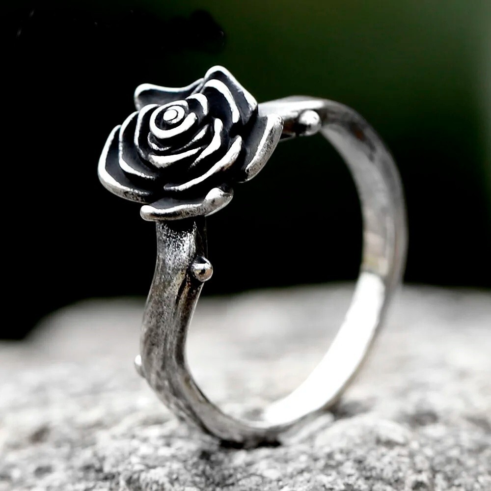 Vintage Rose Flower Ring Stainless Steel Amulet Witchcraft Men Women Ring Gift