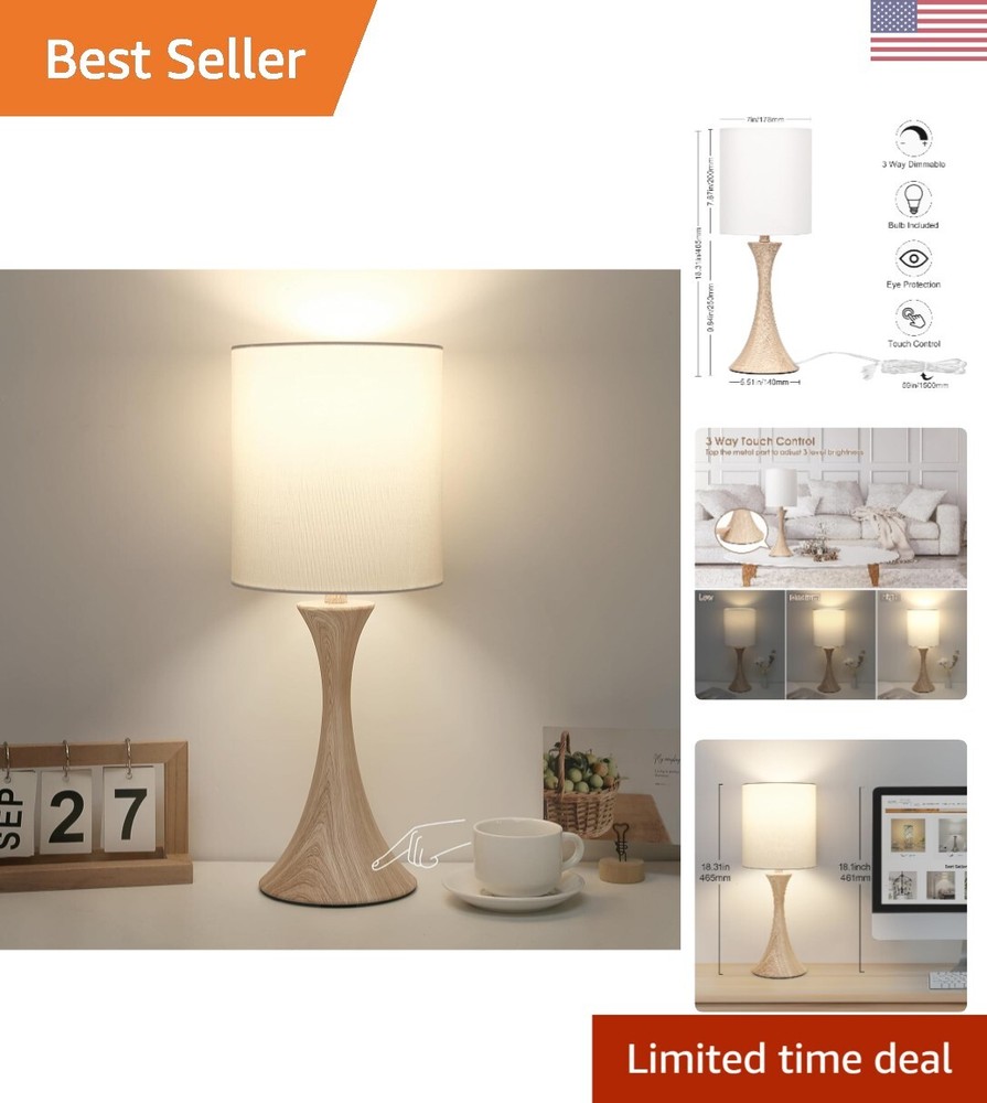 Modern LED Touch Control Bedside Lamp with White Fabric Shade