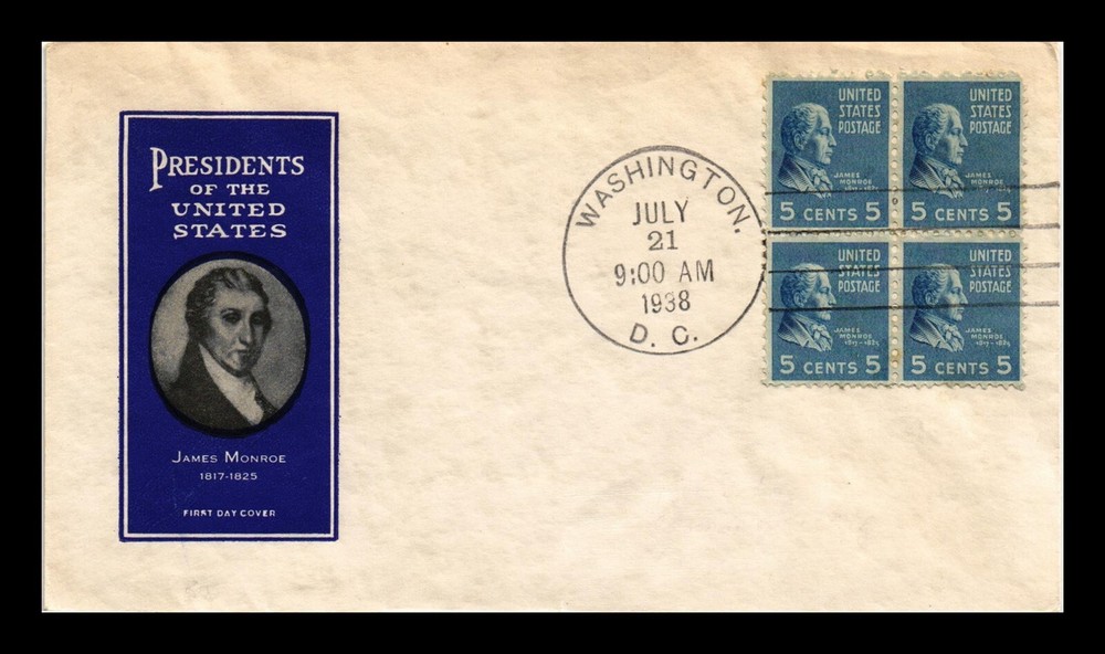DR JIM STAMPS US COVER JAMES MONROE PRESIDENTIAL FDC SCOTT 810 BLOCK OF 4 IOOR