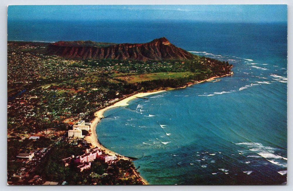 Honolulu Hawaii HI Aerial View Waikiki Beach Diamond Head Hotels Postcard D12