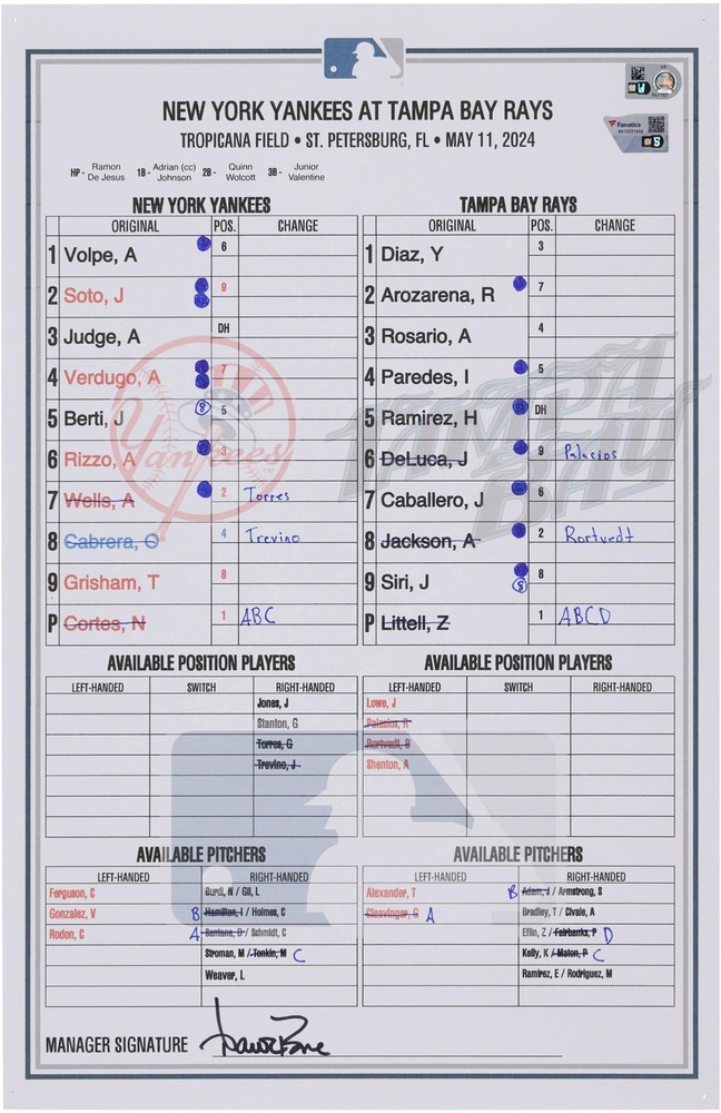 New York Yankees Game-Used Lineup Card vs. Tampa Bay Rays on May 11, 2024