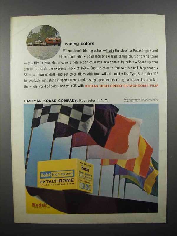 1961 Kodak High Speed Extrachrome Film Ad Featuring Thrilling Racing Action