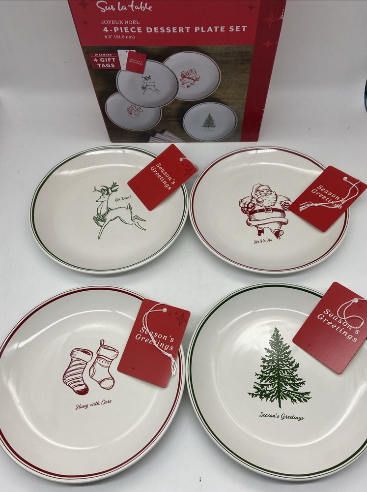 Sur La Table NIB Joyeux Noel 4-piece stoneware Dessert 8.5