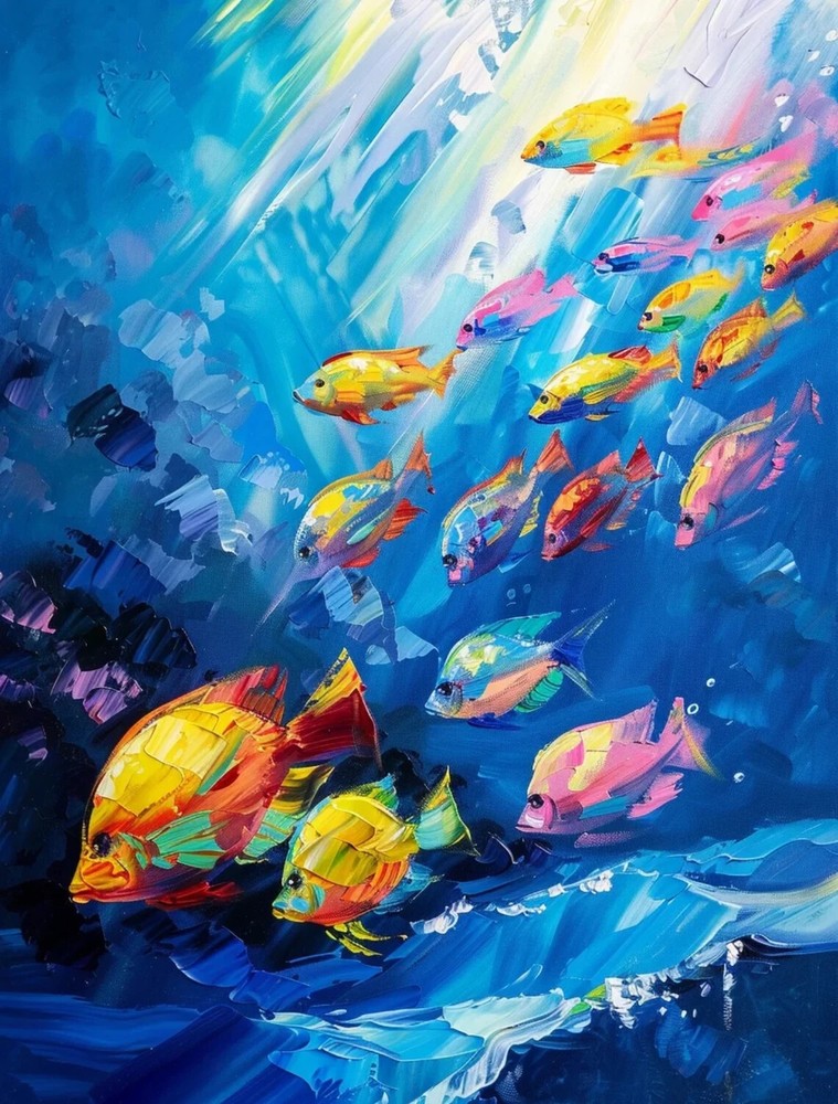 Colorful Fish in The Blue Sea Paint Unframed Canvas Print Australian Wall Art