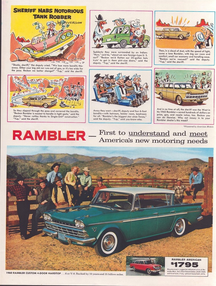 1960 Rambler Custom 4-Door Hardtop Ad Featuring Cartoon Sheriff & Cowboys