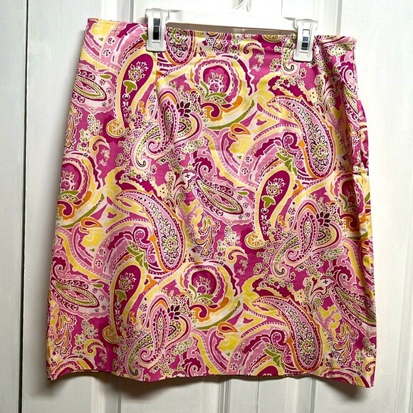 Jaclyn Smith Pink Yellow Paisley Print Pencil Skirt Size 8