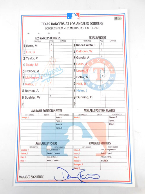 Texas Rangers @ LA Dodgers MLB Baseball Game Issued Line Up Card June 13, 2021