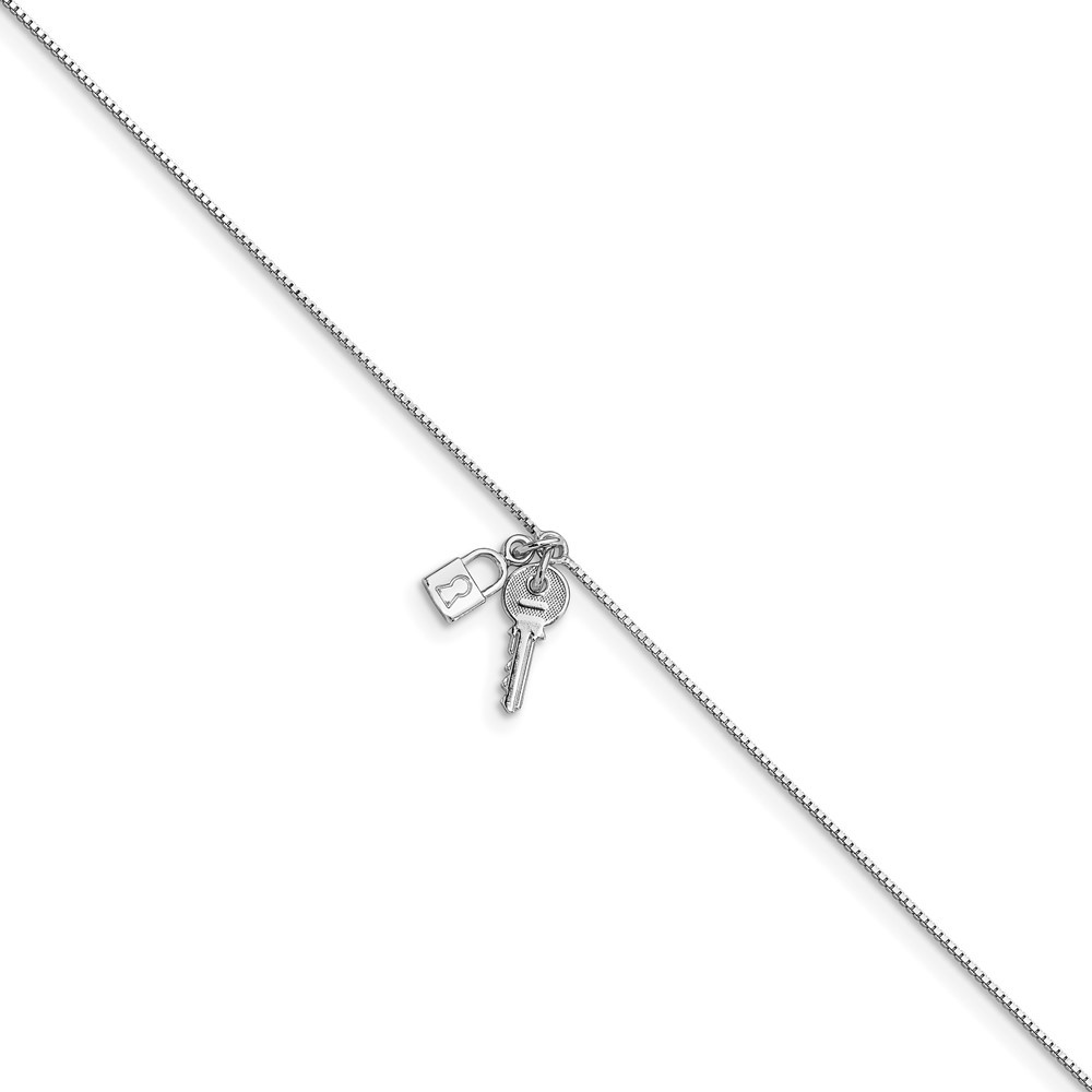 Sterling Silver Rhodium-plated Polished Lock and Key Anklet 9