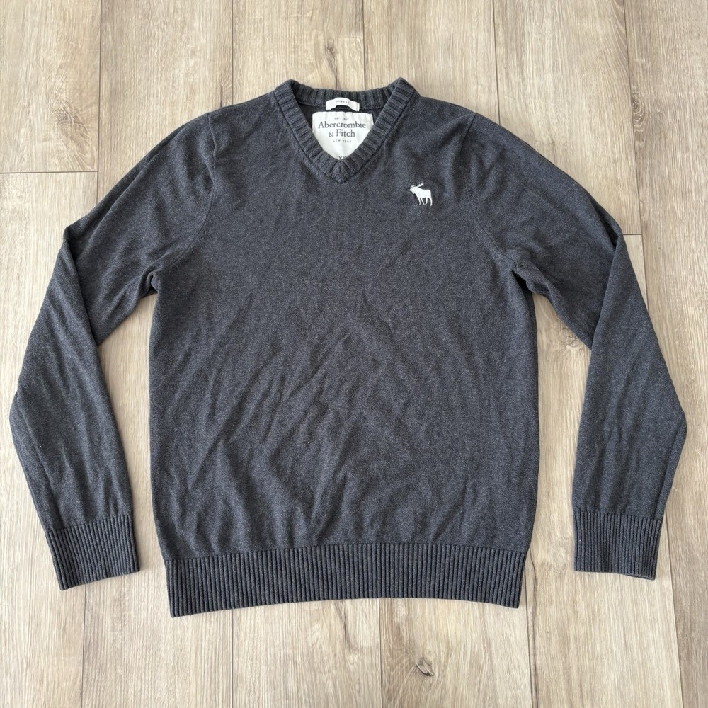 Abercrombie Fitch Sweater Mens XL Muscle Grey V Neck Pullover Moose Logo Y2K-image