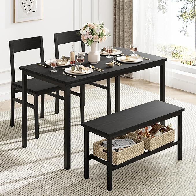 4 Piece Dining Room Table with Storage Rack for Small Spaces Bench and Chairs