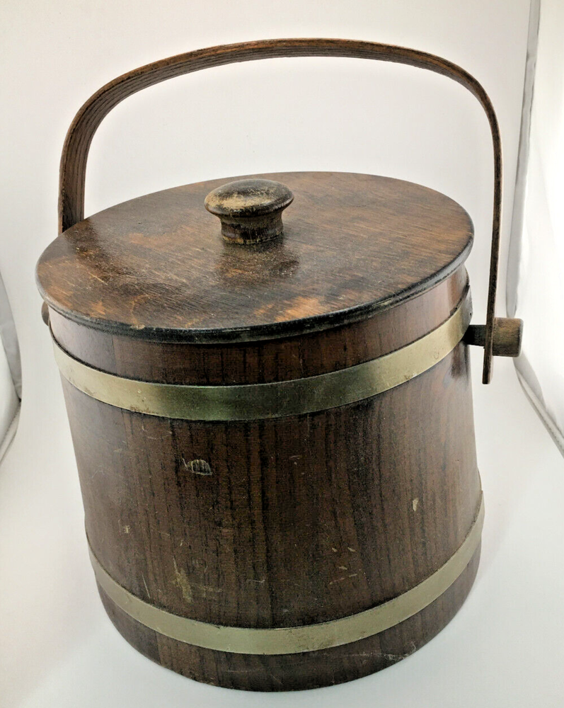 Vintage Wood Barrel Ice Bucket Swing Handle and Liner Basketville Putney Vermont